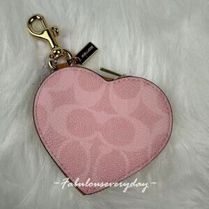 Coach Heart Bag Charm In Signature Canvas CEA22 Gold/Powder Pink NWT